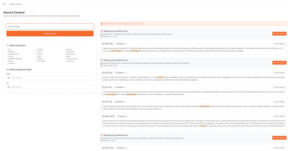 Transcription and content search screenshot
